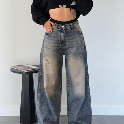 2025 Trendy Versatile New American Retro Street Style Loose Gradient Distressed Floor-Length Women's Jeans 8958