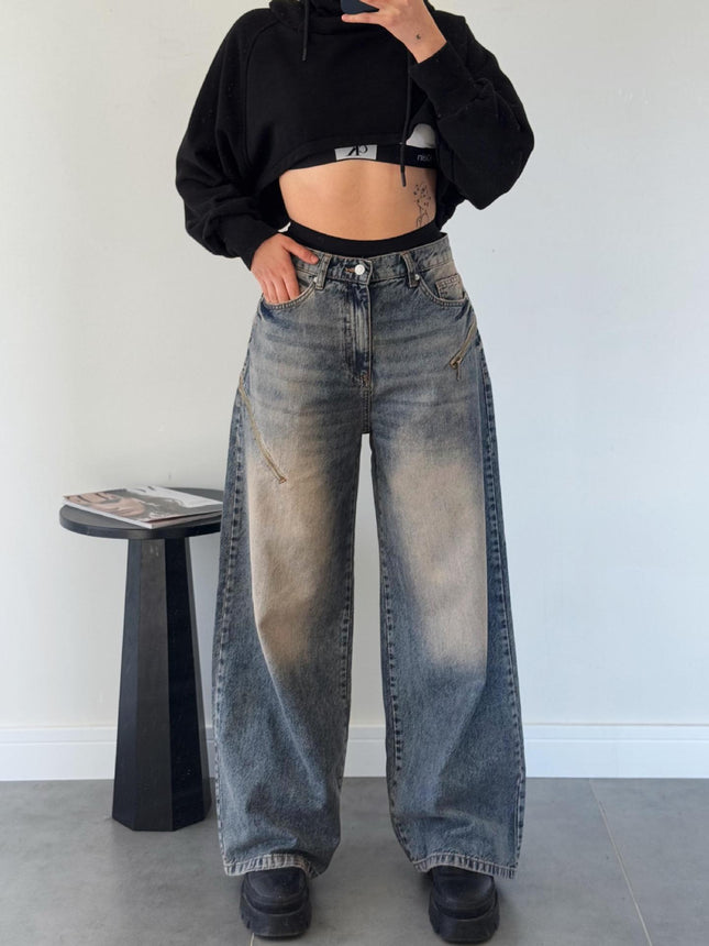 2025 Trendy Versatile New American Retro Street Style Loose Gradient Distressed Floor-Length Women's Jeans 8958