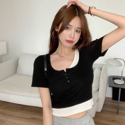 92% Rayon 8% Spandex Summer New Style Spicy Girl Fake Two-Piece Short-Sleeve T-Shirt for Women, Niche Slim Fit Bm Short Crop Top