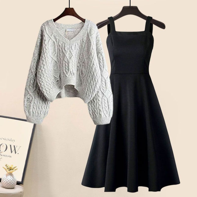 G Autumn suit Women's New Fishtail dress Two-Piece Western-Style French-Style Cross-Knitted Sweater for Women