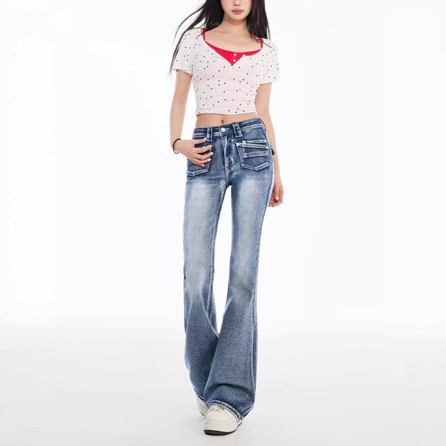 Light Blue Washed Low-Waist Flared Jeans for Women, 2025 Spring New Design, Stylish Slim-Fit Bootcut Pants
