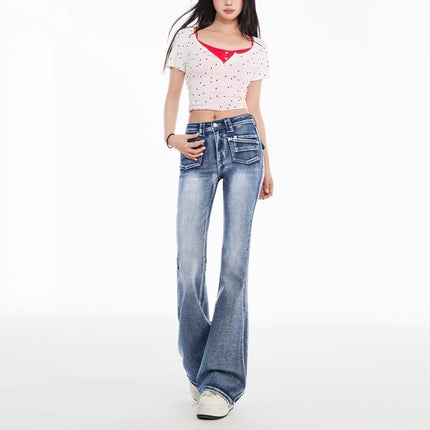 Light Blue Washed Low-Waist Flared Jeans for Women, 2025 Spring New Design, Stylish Slim-Fit Bootcut Pants