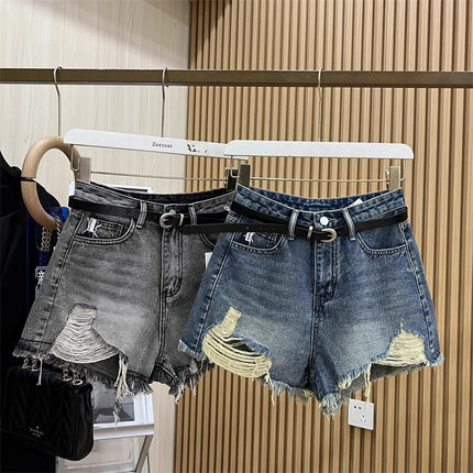 Plus Size Ripped High-Waisted Denim Shorts for Women Summer New Hot Girl Raw Edge Tassel Design American A-Line Hot Pants