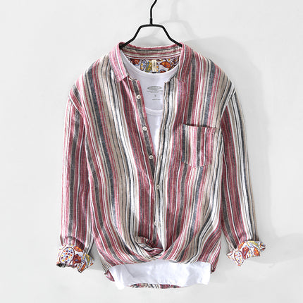 757 Spring and Summer New Men's Casual Linen Stripesd Shirt Drop Shipping