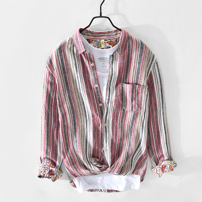757 Spring and Summer New Men's Casual Linen Stripesd Shirt Drop Shipping