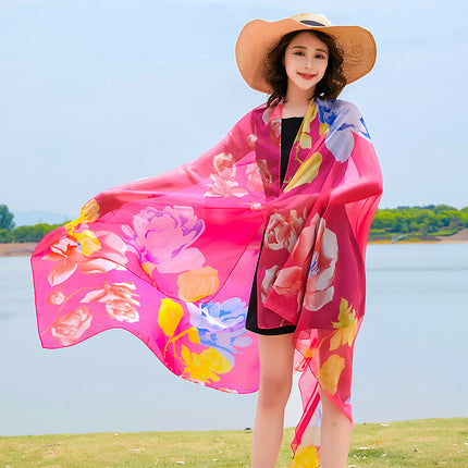 Seaside Sunscreen Silk Scarf Imitation Silk Scarf Spring and Summer Joker High-grade Printed Beach Scarf Silk Scarf Shawl Wholesale