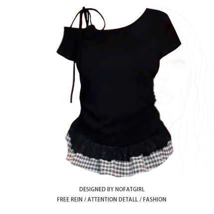 Tie-Up Spicy Girl Off-Shoulder Short-Sleeve T-Shirt Summer New Lace Slim-Fit Patchwork Plaid Crop Top for Women Trendy