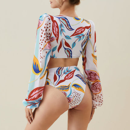 2024 European and American Swimwear New V-neck Long Sleeve Hollow Printed Swimsuit Women's Cross-border Hot 2375