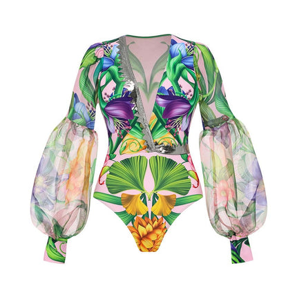 2024 Swimwear Cross-border Explosions Deep V-neck Lantern Long-sleeved Seaside Holiday Printed One-piece Swimsuit suit Women's 25153