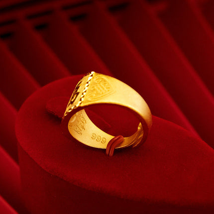 Men's Ring from the Same Style as in Gold Stores, Vietnamese Sand Gold Plated with Real Gold, Men's Fortune-Attracting and Wealth-Enhancing Open Ring with the Character "Fu" on It