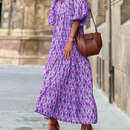 European and American Plus-Size Women's Loose-Fitting Bohemian Round-Neck Lantern-Sleeve Sweet Girl Dress Wholesale from Source Factory