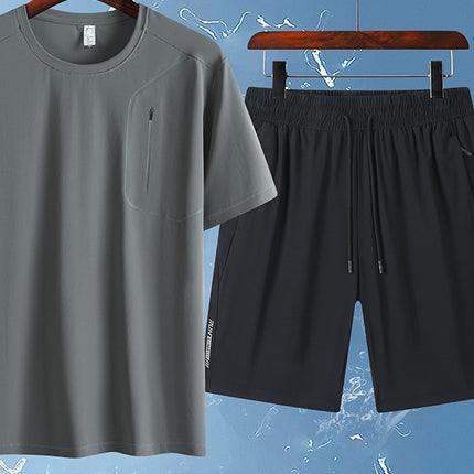 25 Summer Ice Silk Sports and Casual Large Size Short Suit Men's Summer Ice Silk Quick-Drying Ice Silk Two-Piece Running Suit
