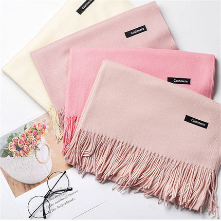 High-End Warm Imitation Cashmere Scarf for Women in Autumn and Winter Pure Color Elegant Versatile Tassel Shawl Fashionable Outer Dual-Purpose Scarf