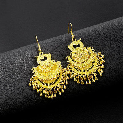Ethnic Peacock Earrings Golden Bell Tassel Earrings Bohemian Leaf Pendant Scenic Earrings Wholesale