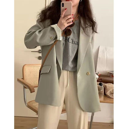 Small suit jacket for women 2024 spring and autumn double-breasted green suit temperament slimming Internet celebrity fried street fashion