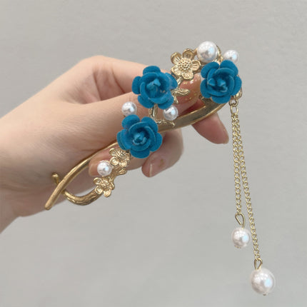 Red flocking plum blossom hair buckle clip headdress female summer tassel one-word hairpin back head hairpin hair clip
