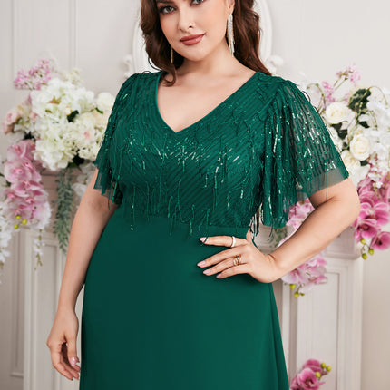 New V Neck Green Chiffon Tassel Pearlescent Elegant Evening Dress Cross-Border Popular Plus Size Women's Dress