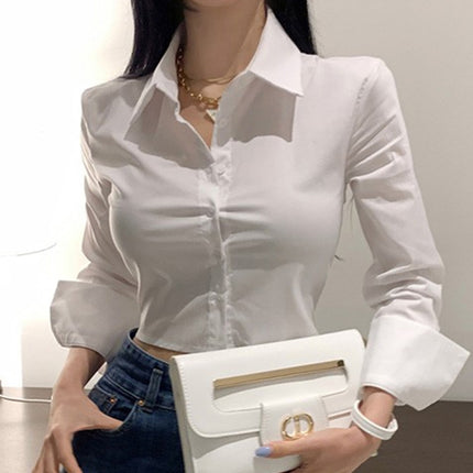 South Korea Dongdaemun New Slim-fit Slimming Sexy Feminine Figure Short Exposure Waist Long-sleeved Shirt Top for Women