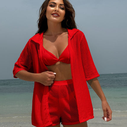 2025 European and American Pure Color New Beach Sun Protection Mesh Shirt Shorts Four-Piece Swimsuit Swimsuit Cross-Border Export