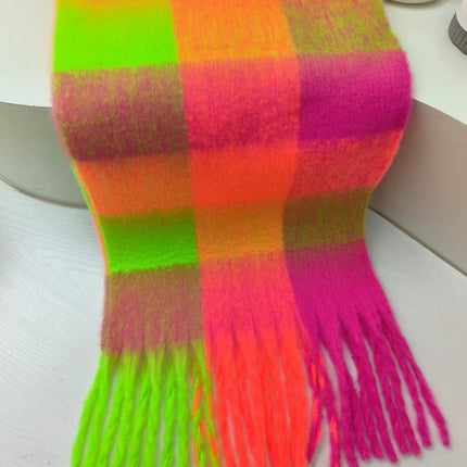 New Rainbow Plaid Tassel Scarf Women's Autumn and Winter European and American Cross-border Color-matching Cashmere and mohair Shawl Thickened Wai