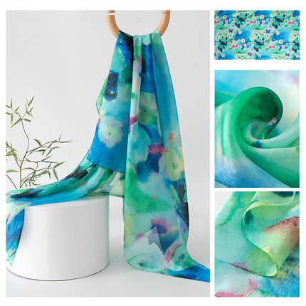 Autumn New Arrival Mulberry Silk Scarf for Women, Green Small Floral Shawl, Long Silk Scarf, Ready for Wholesale