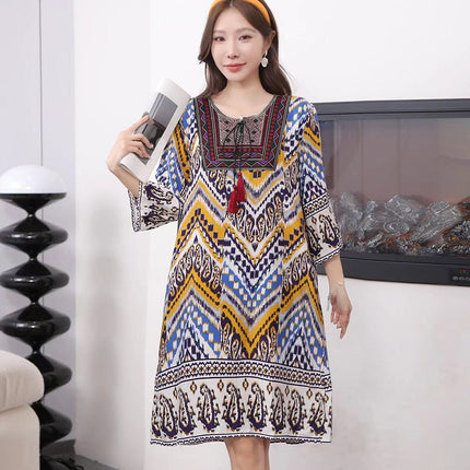 Extra Large Size Ethnic Style Round Neck Three-Quarter Sleeve Dress Loose Embroidered Flower Cotton Silk Travel Beach Skirt for Women