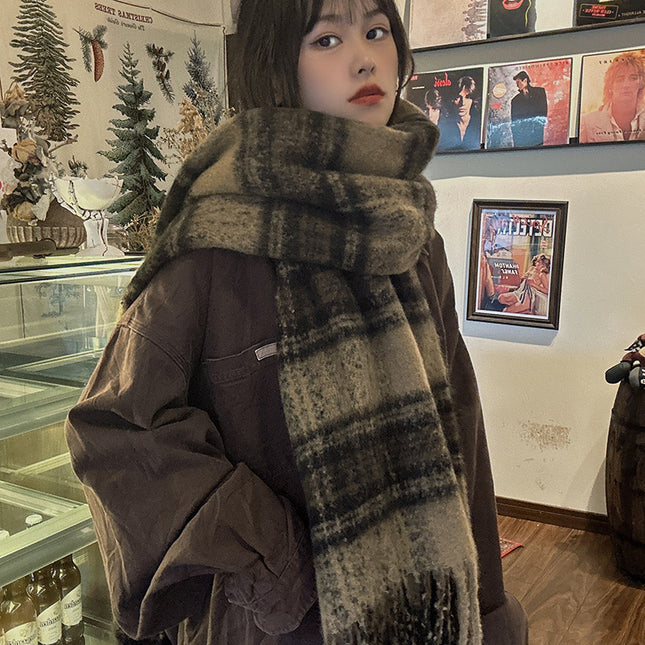 Warm coffee Maillard ~ dark blue light blue * Internet celebrity ins mohair plaid scarf autumn and winter thickened warm scarf