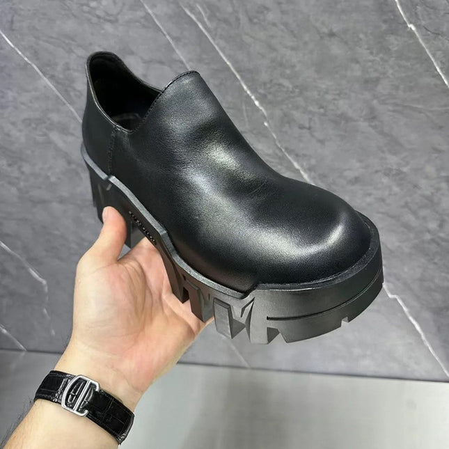 Elevated Platform Shoes Platform Bottom Cowhide Loafers ~ Spring New Style Slip-on High Heel Small Leather Big Toe Derby Shoes