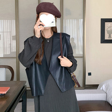 Knitted dress Women's Two-Piece Set Spring and Autumn 2024 New French Style Style Leather Vest Long Skirt suit