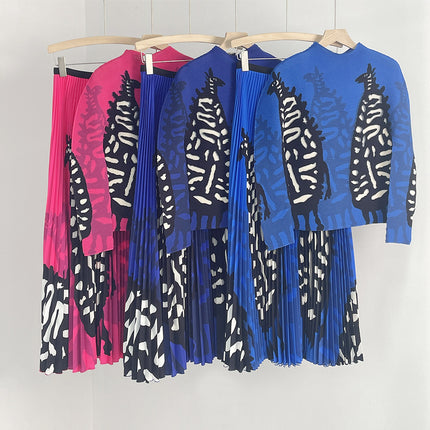 25 Spring New High-Waisted Slimming Pleated Skirt and Top Set, Miyake Classic Printed Pleated Skirt Set