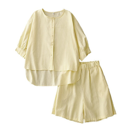 2025 Summer New Casual Two-Piece Set Retro Sweet Creamy Yellow Cotton and Linen Shirt + Elastic Waist Shorts Set