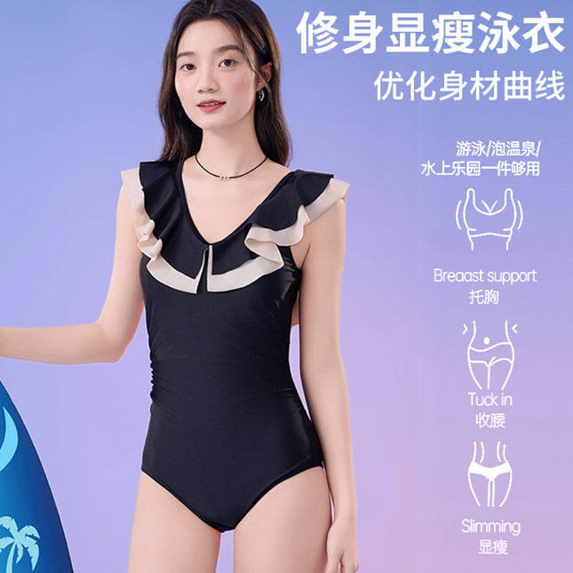 New Large Size Double Ruffle Swimsuit for Women, Conservative Belly-Covering Slimming Swimsuit, Sexy Backless Triangle One-Piece Bikini