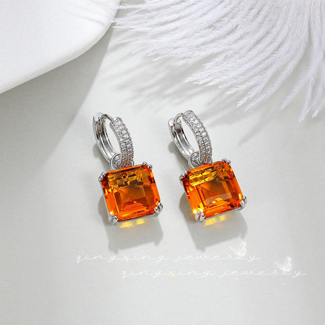 Trembling Cross-border European and American Princess Square Earrings Red Corundum Zircon Earrings Hot Selling Simulation Color Treasure High-end Earrings for Women
