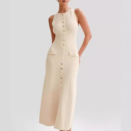Cross-Border European and American Clothing Aliexpress Hot Wholesale European and American Style Women's Solid Color Sleeveless Knitted Mid-Length Dress