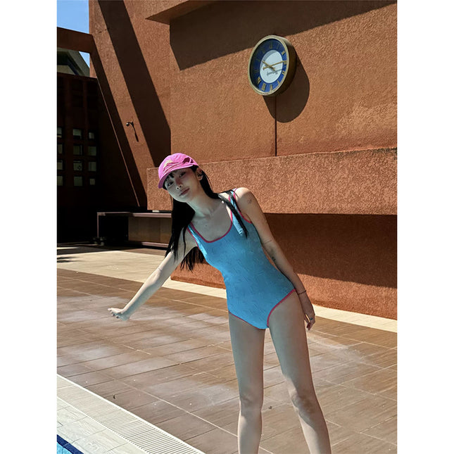 Korean Style Ins Style One-Piece Swimsuit for Women New Pure Color Export Tight Suspender Style Beach Resort Style Hot Spring Swimsuit