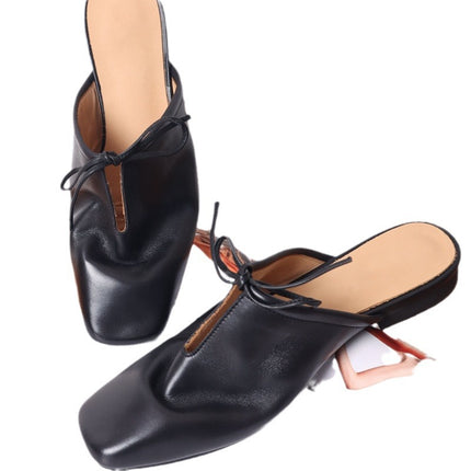 Handmade Shoes ~ Leather Muller Shoes Half Slippers Women's Outer Wear Low Heeled Square Bow One Pedal Lazy Shoes