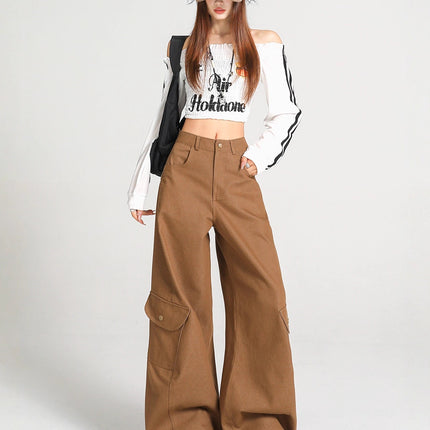 Army Green Silhouette Scimitar Workwear Casual Pants for Women, New Autumn American High Street Loose Drape Wide-Leg Floor-Length Pants