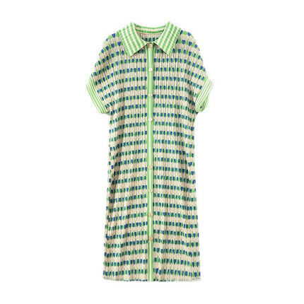 2025 Summer New Tea Break French Style Artistic Girl High Sense Polo Collar Green Striped Fashion Heart dress