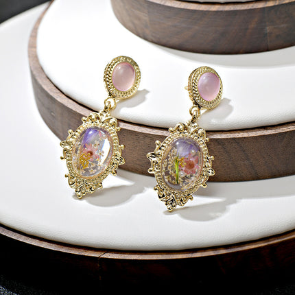 Dandelion-Shaped Oval Alloy Inlaid Earrings, Fresh and Sweet Jewelry with Amber Design, High-End Feel for Women, Silver Needle