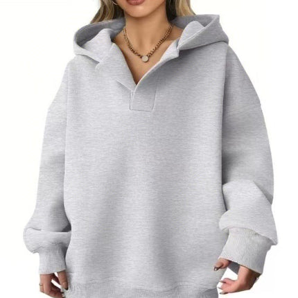 Amazon Cross-Border European and American Women's Autumn and Winter Hooded Sports Sweatshirt Solid Color Fleece-Lined Long-Sleeved Loose Cross-Border Hot Sale