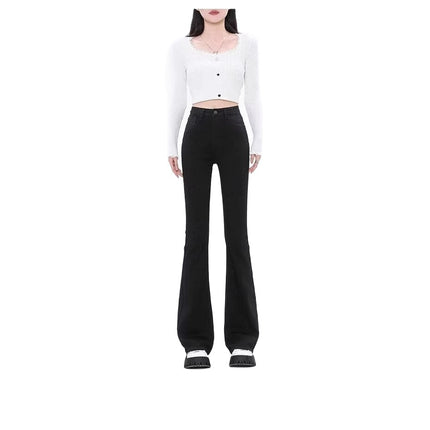 American-Style Black Flared Jeans for Petite Women, Summer New High-Waisted Slim-Fit Bootcut Floor-Length Pants