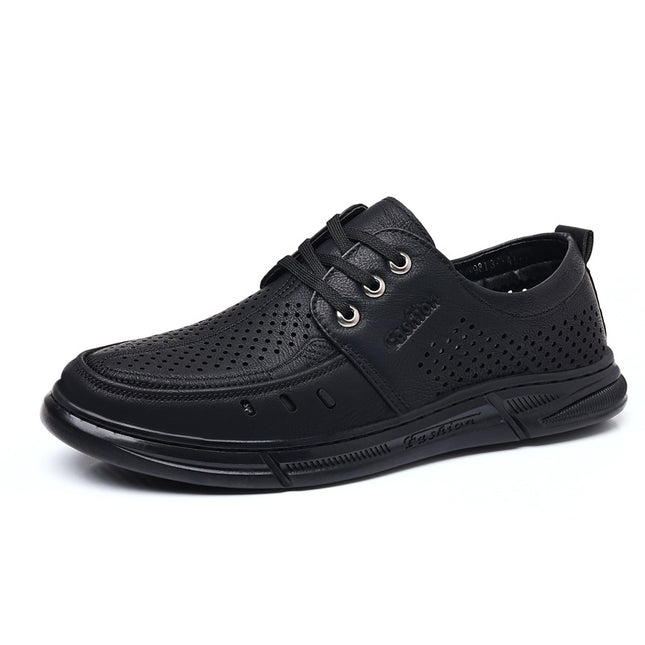 Summer Business Casual Leather Shoes for Men, Hollow Breathable Sandals, Lace-Up Professional Work Shoes, Flat Driving Shoes, Clogs