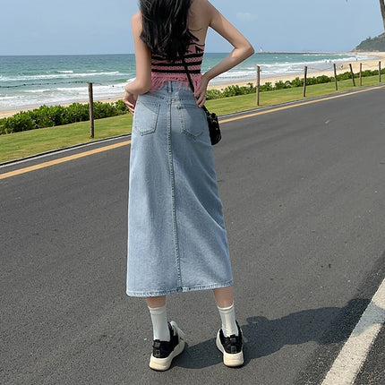 2024 New High-end Denim Skirt Slimming All-match Summer Thin Light Color Soft Denim Front Split Design Skirt