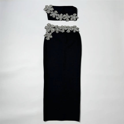 2025 European and American New Design Flower Diamond Bandage Set Sexy Tube Top Long Skirt Two-Piece Set