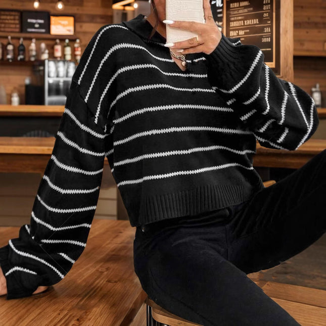 Temperament Lapel Stripesd European and American Cross-Border Versatile New Cross-Border Women's Clothing Shein Loose Knitwear Knitwear Top