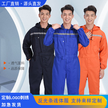 Men's One-Piece Work Suit, Dustproof, with Reflective Strips, for Shipyard Workers, Mechanical Repair, Aquaculture Factory, Labor Protection Clothing, Hooded Workwear, Large Size