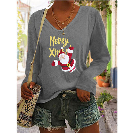 2023 European and American Amazon independent station wish autumn and winter new hot selling women's printed V-neck long sleeve loose T-shirt for women