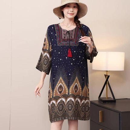 Extra Large Size Ethnic Style Round Neck Three-Quarter Sleeve Dress Loose Embroidered Flower Cotton Silk Travel Beach Skirt for Women