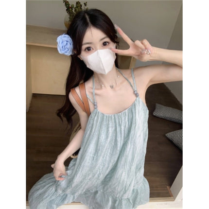 Mint Green Fresh Sling dress Women's Summer 2025 New Loose Slimming Vacation Style Seaside Midi Dress