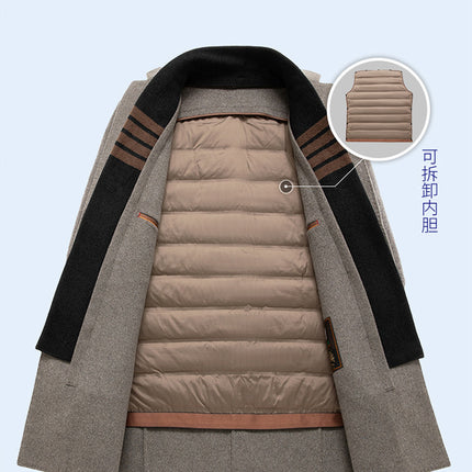 Men's Wool Coat Autumn and Winter Mid-Length Business Casual Removable Down Liner Middle-Aged and Elderly Woolen Coat